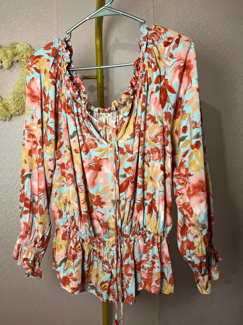 Kori Coral Multi Floral Peasant Blouse
